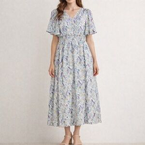 NWT Bohme Dress Flutter Sleeve Floral Midi Dress Slate Lavender Size Medium NEW